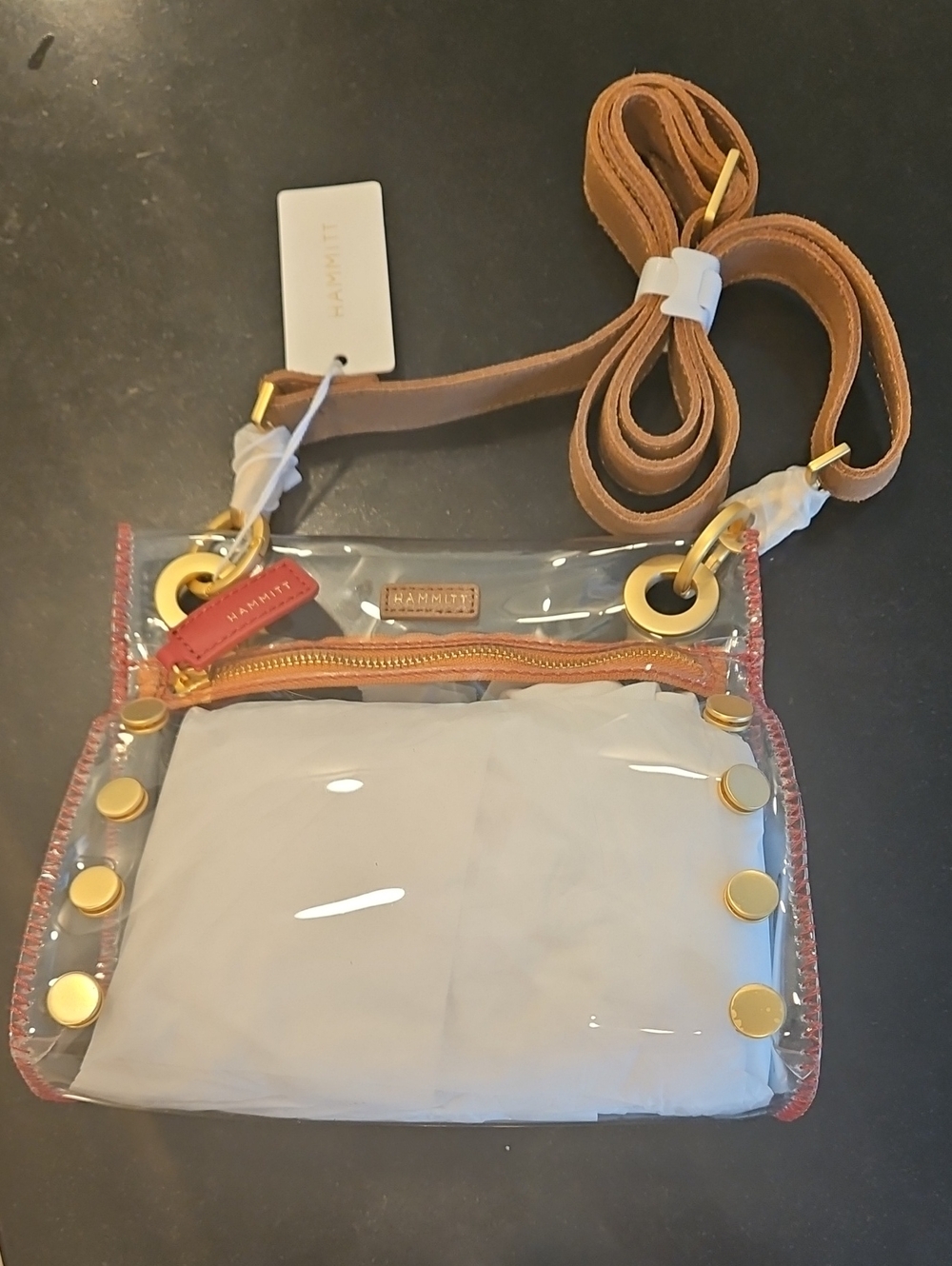 💕HAMMITT💕 Tony Small Bag ~ Clear Brushed Gold/Brown/Red NWT - Picture 6 of 13